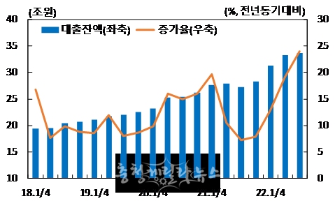 충남지역 자영업자 대출잔액 및 증가율 (사진=한은)